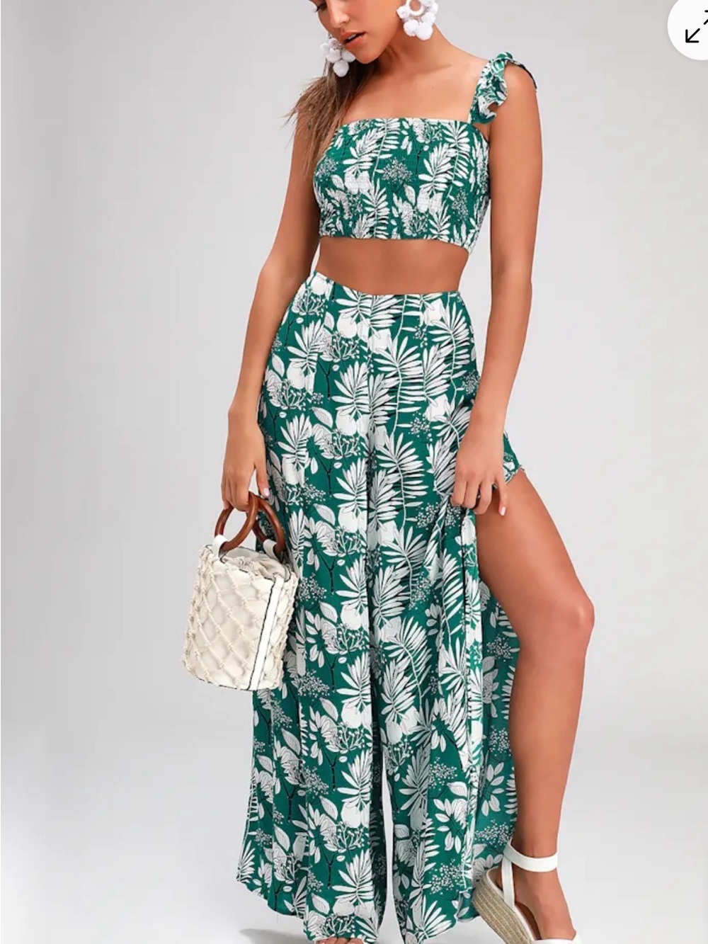 Aakaa Green & White Tropical Two-Piece Maxi Pants Set